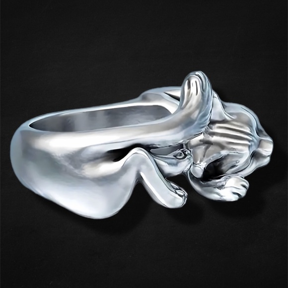 ❀ 925 Adjustable Silver Sleepy Kitty Cat Cuff Ring - Picture 2 of 4